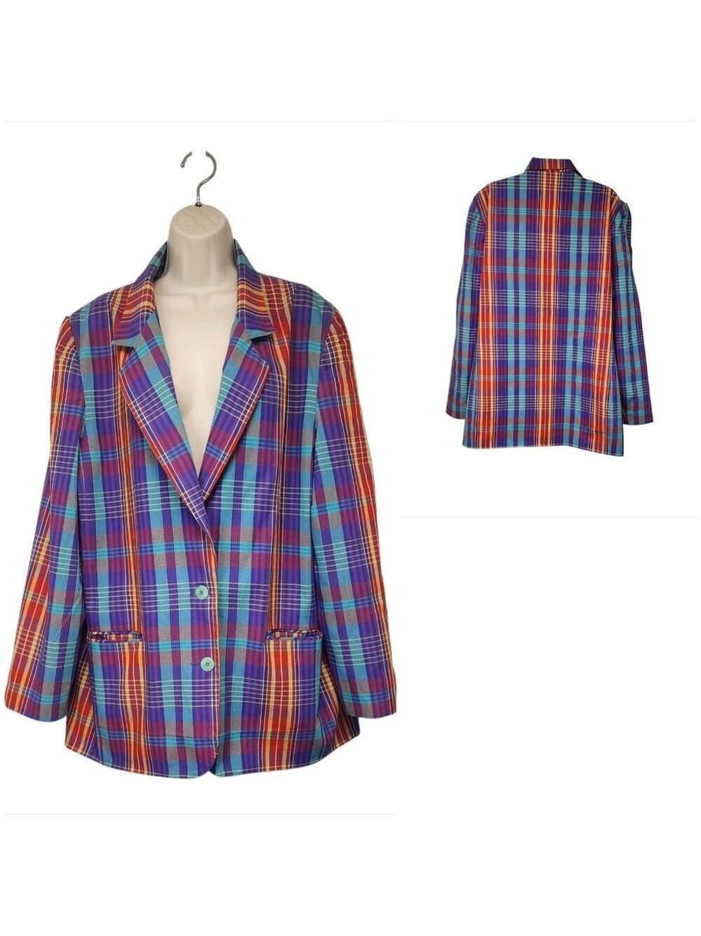 Hunt Club Women's Single Breasted Plaid Multi Purple Blazer Jacket Size 18T